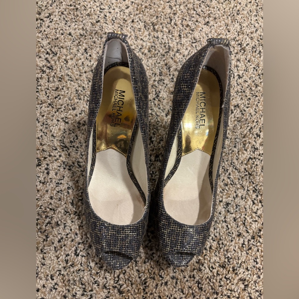 Michael Kors Black and Gold Peep-Toe Heels